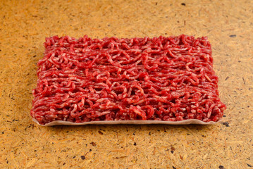 Chopped raw meat  on wooden background.