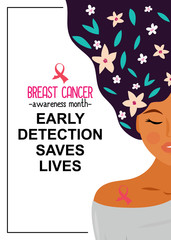 Early detection saves lives.Woman portrait with pink ribbon - symbol of breast cancer. Vector concept. 