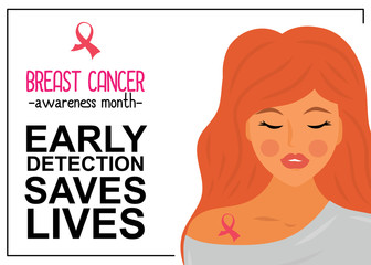 Early detection saves lives.Woman portrait with pink ribbon - symbol of breast cancer. Vector concept. 