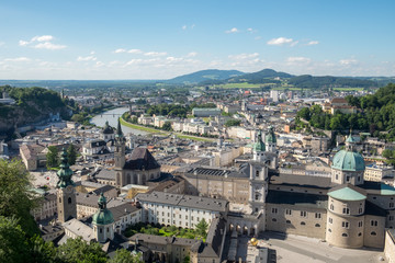 Fototapeta na wymiar Aerial panoramic view of the historic city of Salzburg with Salzach river, Salzburger Land, Austria