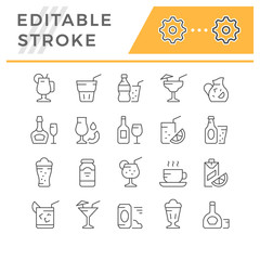 Set editable stroke line icons of drink