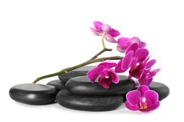 Obraz na płótnie Canvas Orchid with spa stones on white background
