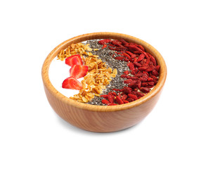Smoothie bowl with goji berries on white background
