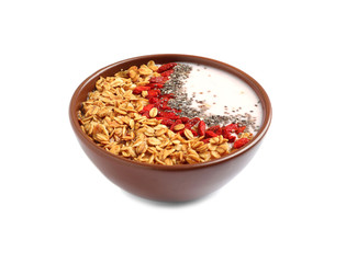 Smoothie bowl with goji berries on white background