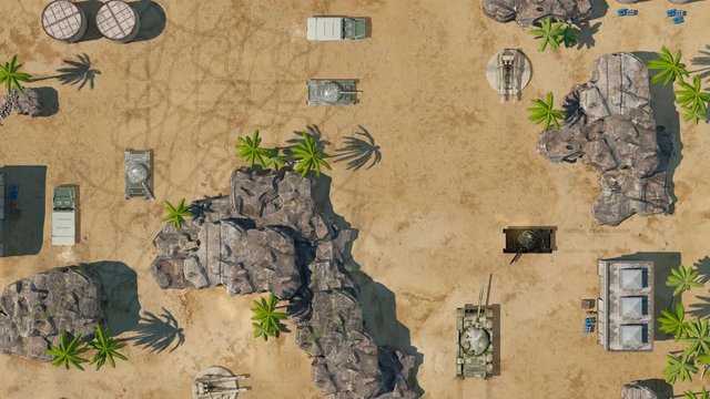 Tank Battles Video Game Imitation. Tanks War 3d Game Without Interface. Top View. The Tank Goes To Ruined Place And Fights With The Enemy. Online game