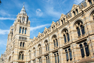Fototapeta na wymiar London, U.K. August 22, 2019 - The Natural History Museum building with blue summer sky.