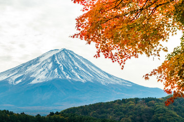 Mt. Fuji in autumn with red maple leaves. selective focus at the mountain.