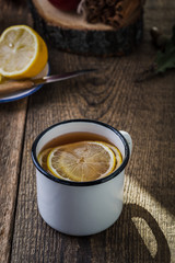 Hot tea with lemon slices