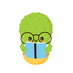 Cute happy smiling cactus read book