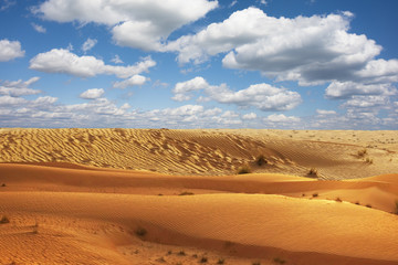 Desert background or landscape with blue sky and clouds