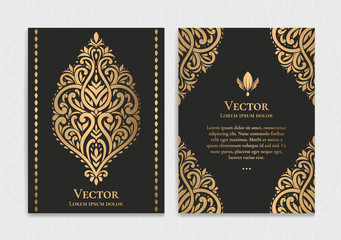 Gold vintage greeting card design with a black background. Luxury vector ornament template. Great for invitation, flyer, menu, brochure, wallpaper, decoration, or any desired idea.