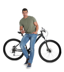 Fototapeta na wymiar Handsome young man with modern bicycle on white background