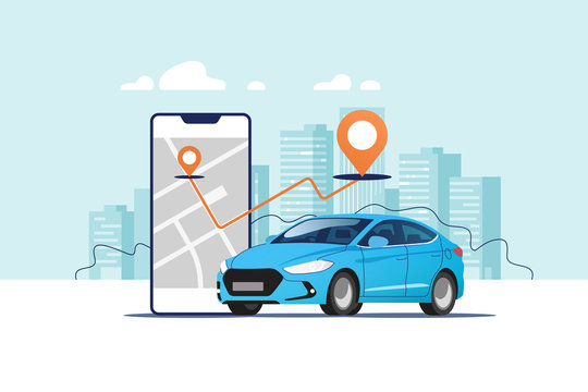 Blue car, smartphone with route and points location on a city map on the urban landscape background. Car and satellite navigation systems concept vector illustration.