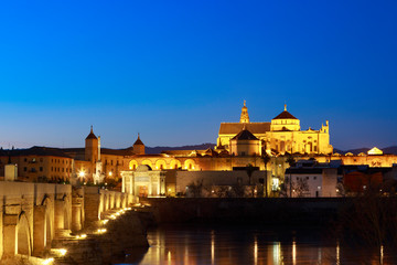 Obraz premium Cordoba,Spain,2,2014;view of roman bridge and cathedral at blue hour