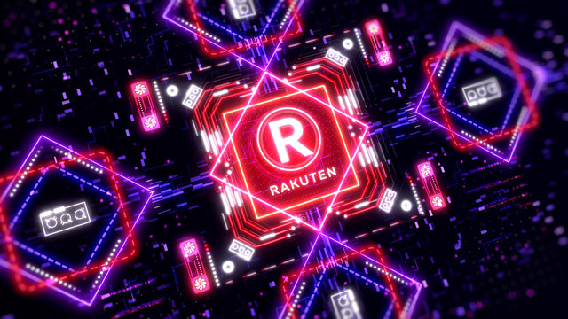 Rakuten coin cryptocurrency sign on the digital background. Financial theme