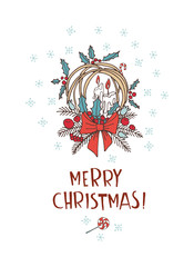 Merry Christmas doodle greeting card background. Socks, bells, snowflakes, decoration and presents.