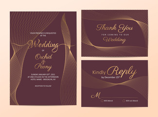 Elegant golden line wedding invitation cards template set. Modern line-art background for greeting card, poster, or multi-purpose use