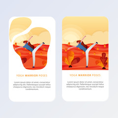 Set Of Yoga Posses for Aplication and website. Vector illustration - girl in yoga lotus pose. Park, forest, trees and hills on background. Banner, site, poster template.