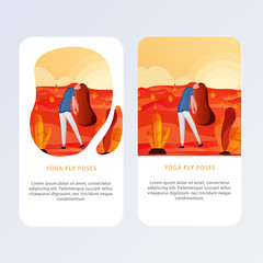 Set Of Yoga Posses for Aplication and website. Vector illustration - girl in yoga lotus pose. Park, forest, trees and hills on background. Banner, site, poster template.