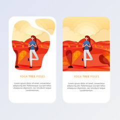 Set Of Yoga Posses for Aplication and website. Vector illustration - girl in yoga lotus pose. Park, forest, trees and hills on background. Banner, site, poster template.