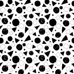 Fototapeta premium Black and white abstract geometric shapes seamless background. Circles, squares and triangles with painterly effect. Vector