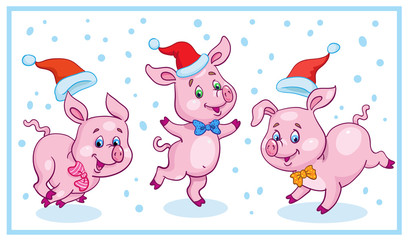 Three funny Piglets  are jumping on the meadow. In cartoon style. Isolated on white background.