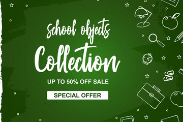 Set of school elements on green blackboard