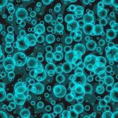 Seamless background with cyan transparent glowing bubbles on dark background