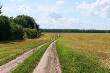Beautiful and romantic rural dirt road in the field with forest on the background