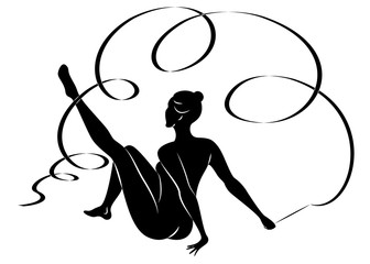 Rhythmic gymnastics. Silhouette of a girl with a ribbon. Beautiful gymnast. The woman is slim and young. Vector illustration