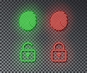Neon protection signs vector isolated on brick wall. scan figer, lock, unlock, fingerprint light sym - 286748457