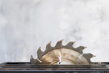 Circular saw close up. Free space for an inscription.