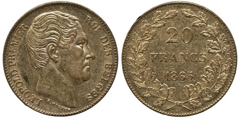 Belgium Belgian golden coin 20 twenty francs 1865, head of King Leopold I right, denomination and date flanked by sprigs, 