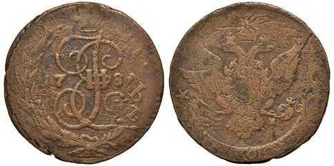 Russia Russian copper coin 5 five kopeks 1789, struck over previous coin, monogram of Empress...