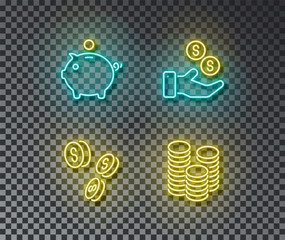 Neon banking signs vector isolated on brick wall. Piggy, bank, money, coin light symbol, decoration 