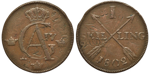 Sweden Swedish copper coin 1 one skilling 1802, struck over previous coin of two ore, crowned...