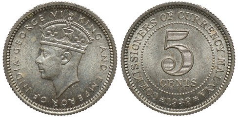 Malaya Malayan Malaysia Malaysian silver coin 5 five cents 1939, head of King George VI left, denomination within beaded circle, date below,
