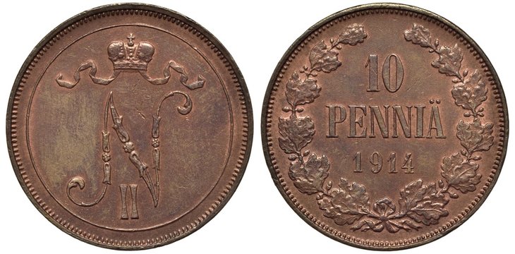 Finland Finnish coin 10 ten pennia 1914, Russian Administration, crowned monogram of Emperor Nickolas II, denomination and date,