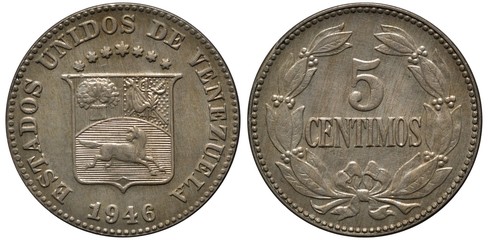 Venezuela Venezuelan coin 5 five centavos 1946, shield with horse in center, denomination within wreath, 