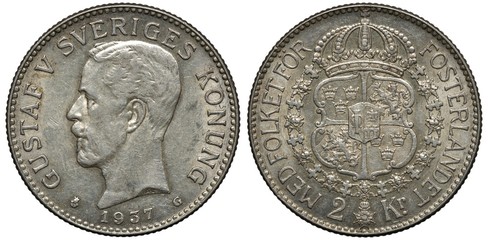 Sweden Swedish silver coin 2 two kronor 1937, head of King Gustaf V left, coat of arms, crowned...