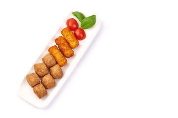 Potato croquettes and meat balls, isolated on white background