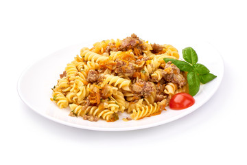 Pasta with minced meat, Fusilli Bolognese, isolated on white background