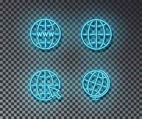 Neon internet signs vector isolated on brick wall. Network, global, language, earth light symbol, de