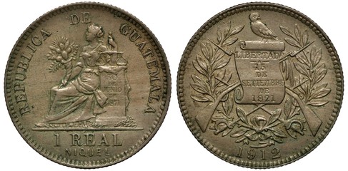 Guatemala Guatemalan nickel coin 1 one real 1912, seated woman holding horn of plenty and scales, arms, scroll in front of two crossed rifles flanked by sprigs, bird on top of scroll,