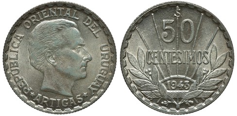 Uruguay Uruguayan silver coin 50 fifty centavos 1943, head of Artigas right, denomination on radiant background, date and two sprigs below,
