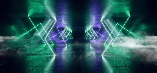 Obraz premium Smoke Neon Laser Glowing Blue Green Triangle Corridor Sci Fi Futuristic Hallway Tunnel Underground Alien Spaceship Dance Disco Showroom Background Vibrant Beam Gateway 3D Rendering