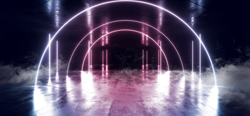 Smoke Neon Laser Glowing Purple Blue Triangle Corridor Sci Fi Futuristic Hallway Tunnel Underground Alien Spaceship Dance Disco Showroom Background Vibrant Beam Gateway 3D Rendering