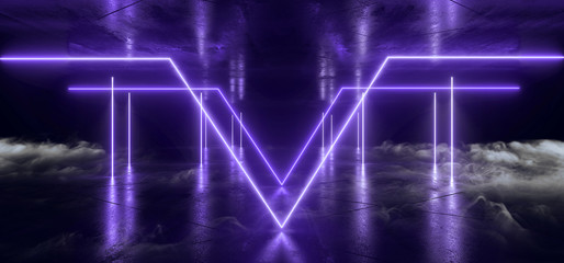 Smoke Neon Laser Glowing Blue Violet Triangle Corridor Sci Fi Futuristic Hallway Tunnel Underground Alien Spaceship Dance Disco Showroom Background Vibrant Beam Gateway 3D Rendering