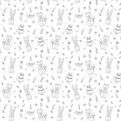Sketch Scandinavian style animals and flowers seamless. Hand drawn outline scandinavian style pattern.