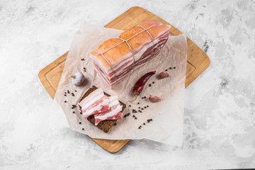 Delicious artisanal whole smoked slab bacon